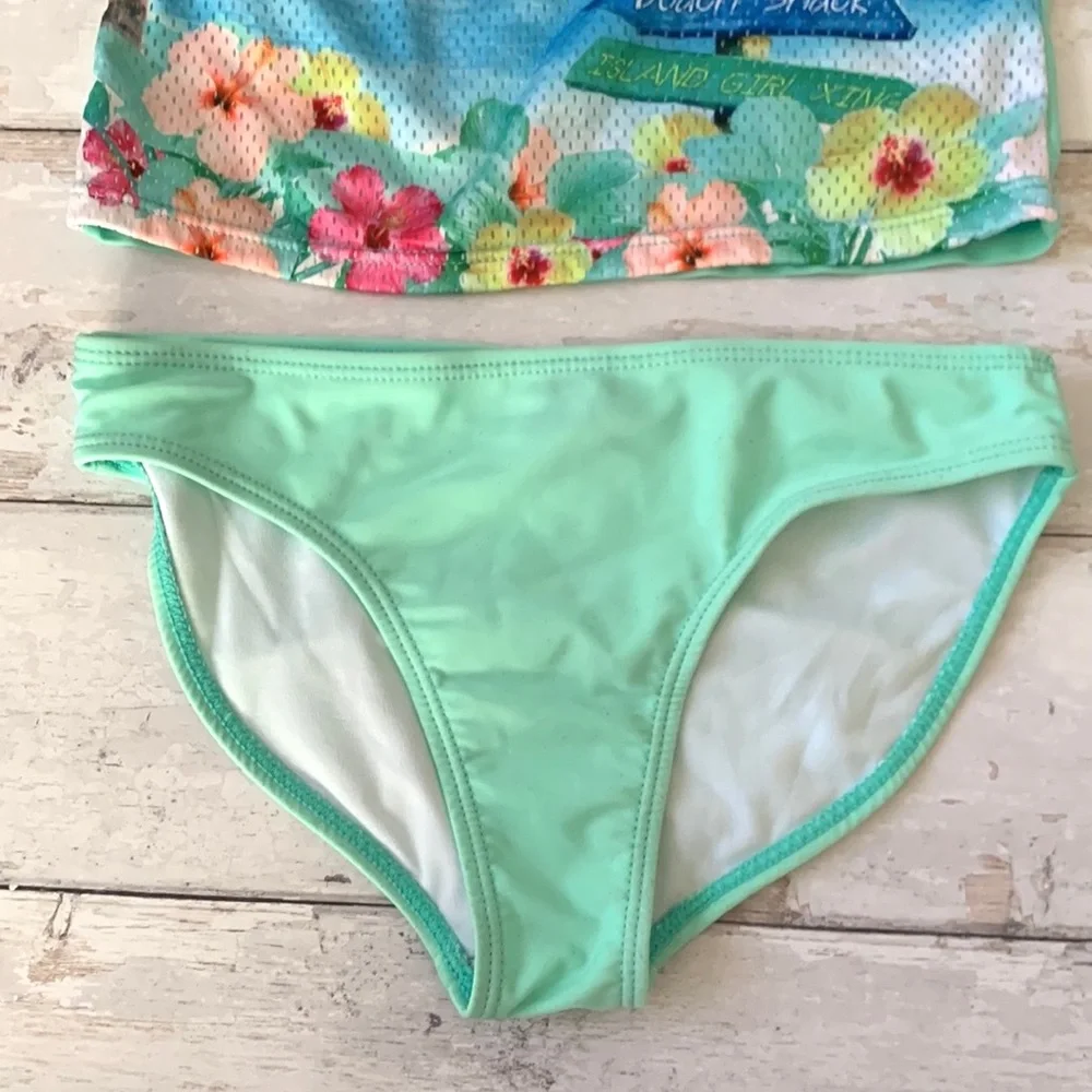 Girls 7/8 Swimsuit Mint Green 2 Piece Tankini Bikini Swim Suit Kids Size 7 8